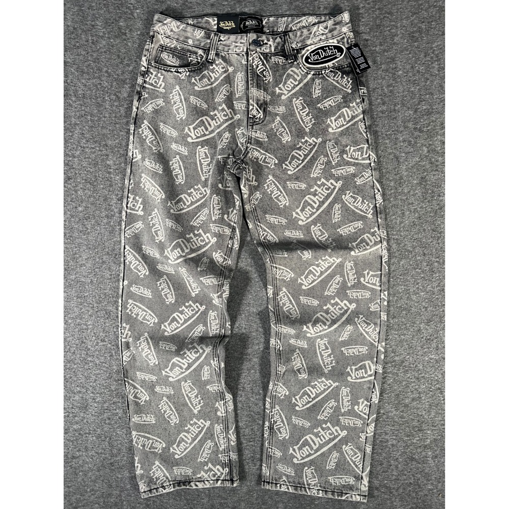 Von Dutch Monogram All Over Print AOP Stonewash Black Denim Jeans Mens 34 NEW